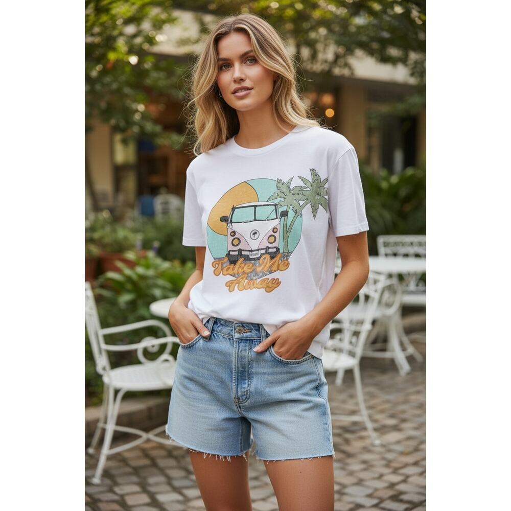 Wildfox Take Me Away Graphic Tee White Cotton Beach Van T-Shirt Size S